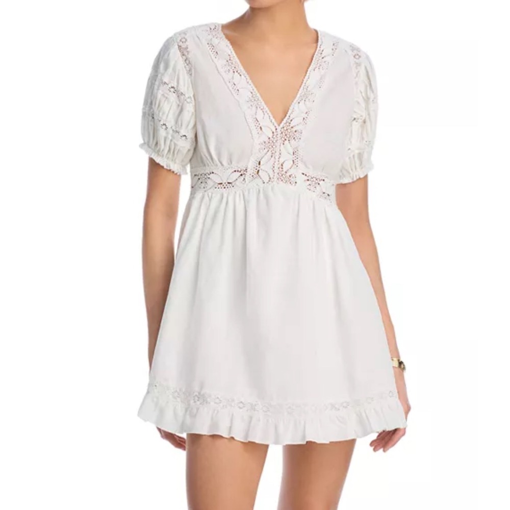 AQUA White Mini Dress Crochet Lace Trim Puff Sleeve V Neck XS